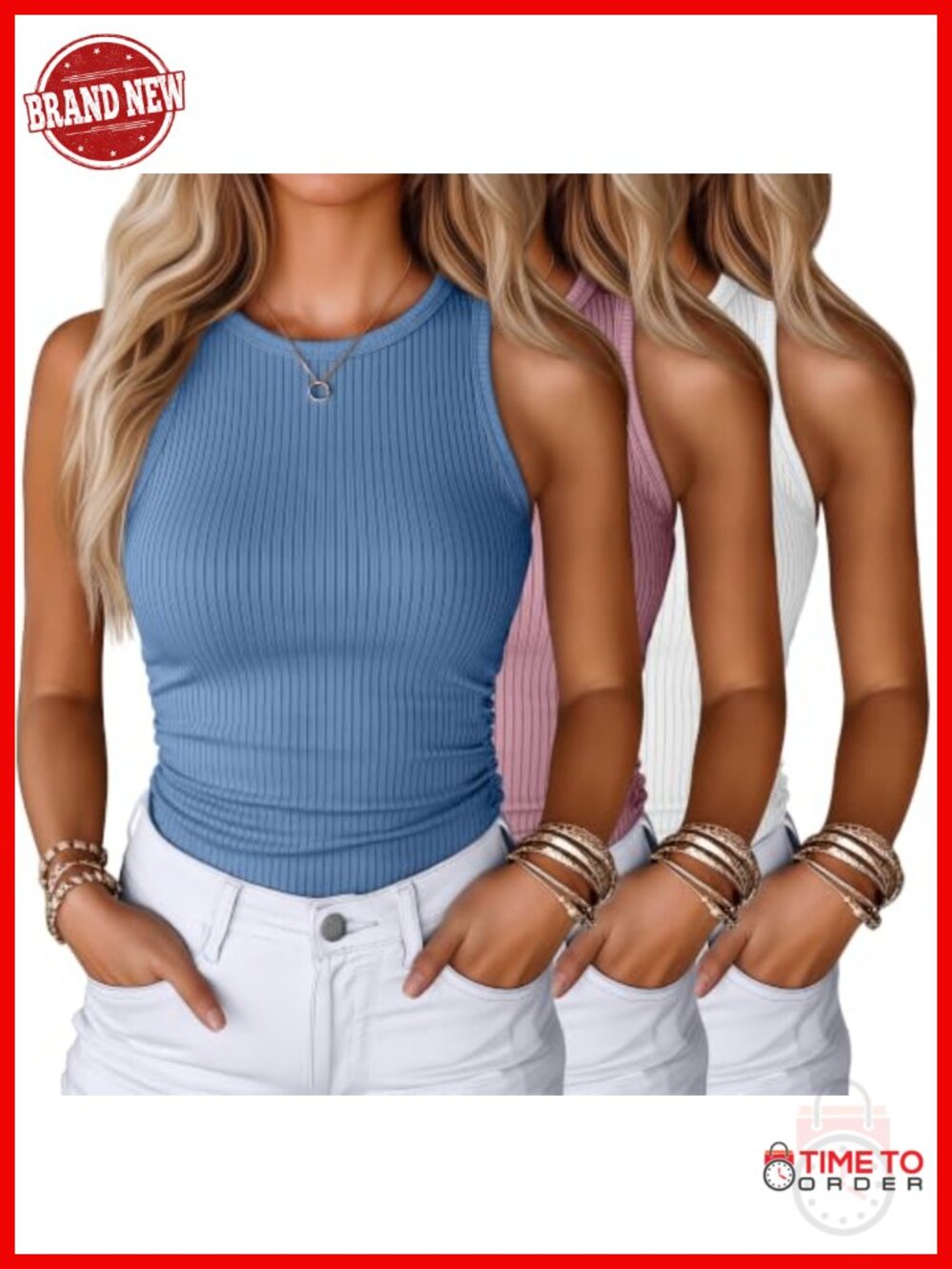 3 Pack Sleeveless Tank Tops Ribbed Slim Fit Crewneck Racerback Side Ruched